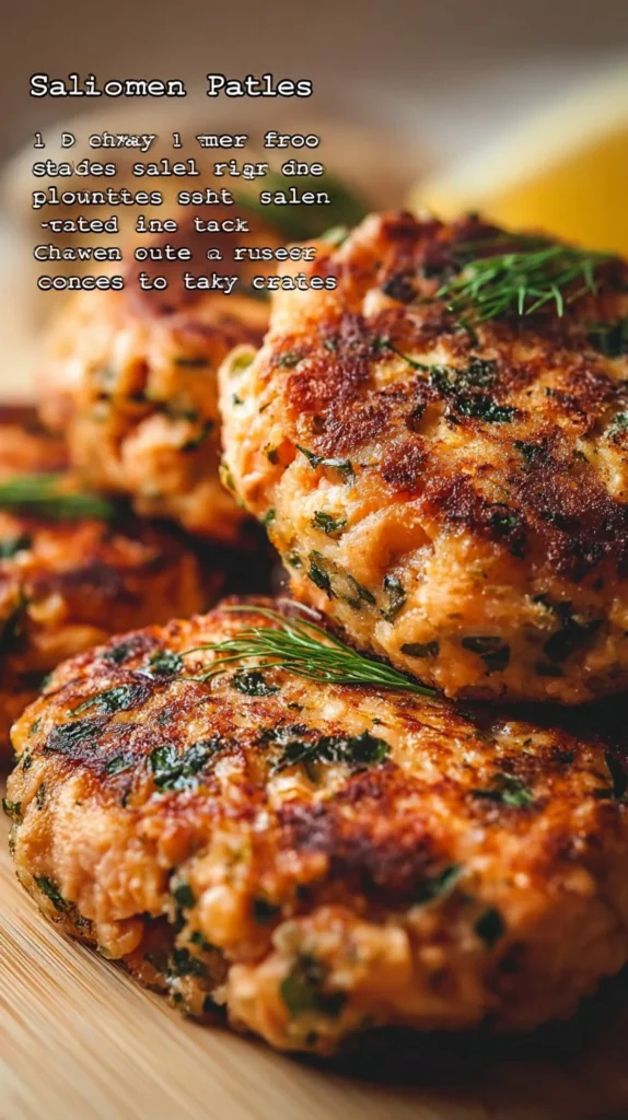 Deliciously crispy salmon patties served on a plate with garnish.