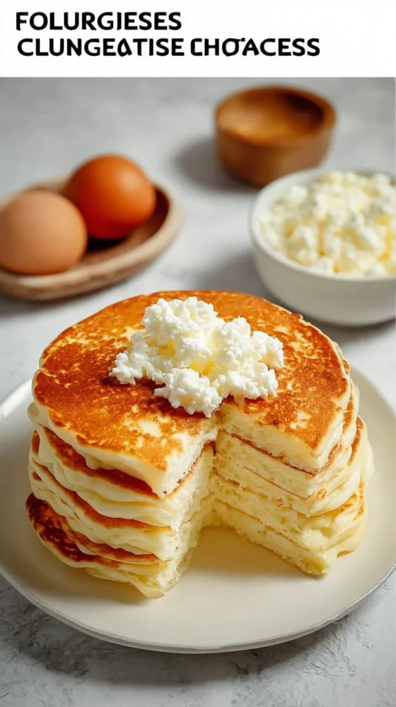 Flourless cottage cheese pancakes served on a plate with syrup and berries.