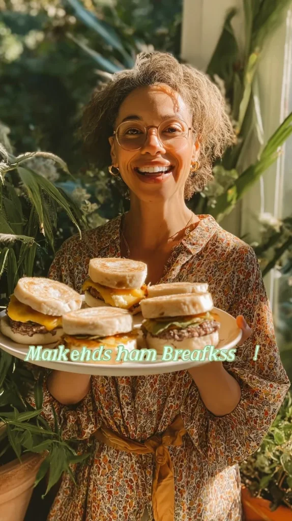 Make ahead breakfast sandwiches stacked on a plate, ideal for quick meals.