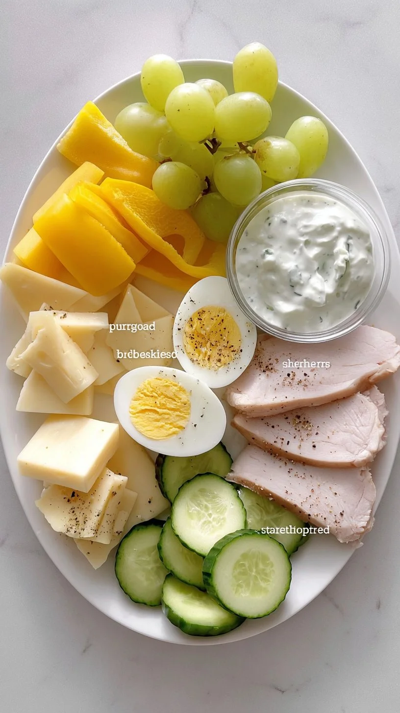 Colorful snack plates featuring a variety of healthy snacks and ingredients.
