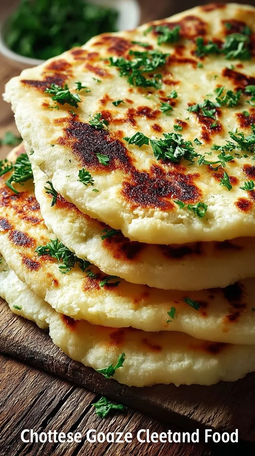 Homemade cheese flatbread garnished with fresh herbs and served on a wooden board.