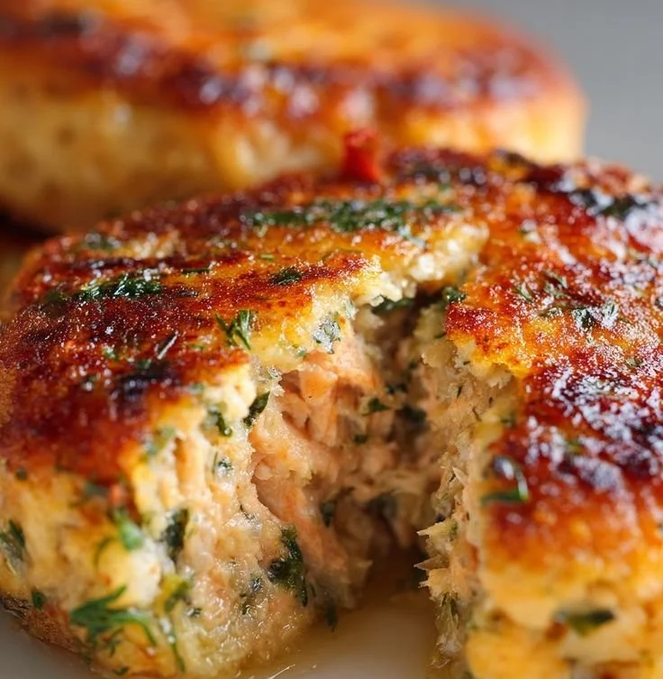 Golden brown and crispy salmon patties served with a lemon wedge