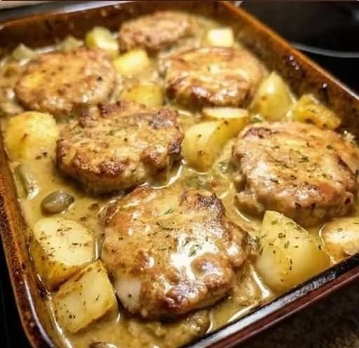 Delicious smothered pork chops with potatoes and gravy on a plate