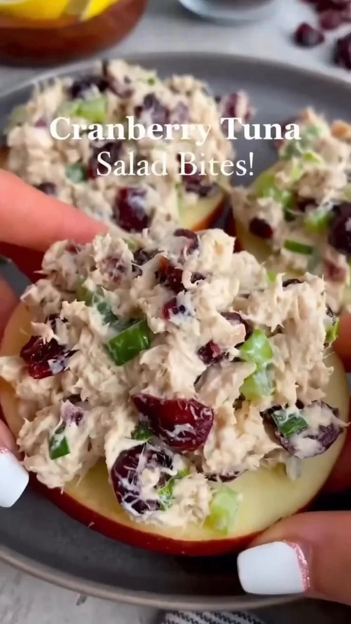 Tuna Salad Bites with Cosmic Crisp Apples on a serving tray.