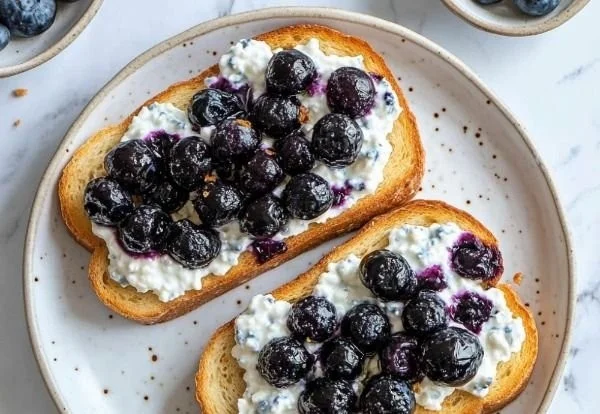 Air Fryer Blueberry Cottage Cheese Toast with fresh blueberries