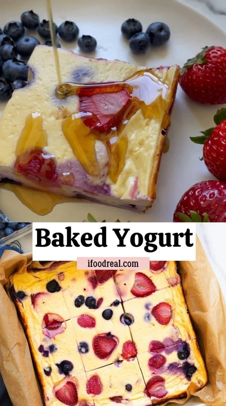 Delicious baked yogurt dessert topped with fruit and nuts