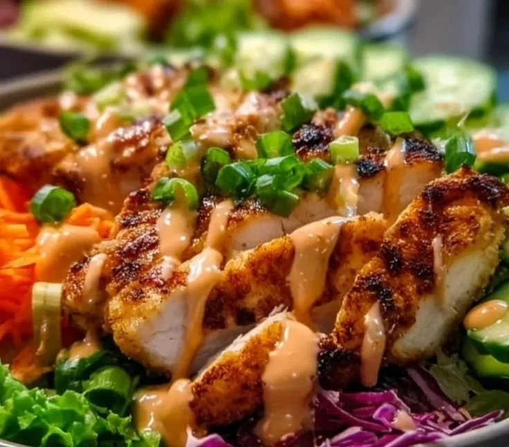 A delicious bowl of Bang Bang Chicken with vibrant vegetables and spicy sauce