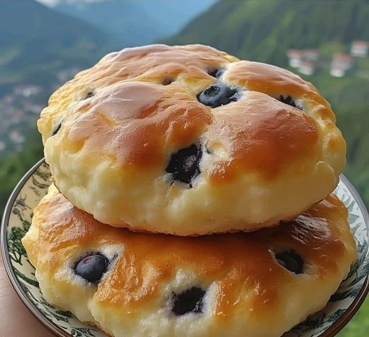 Slice of blueberry cloud bread on a white plate