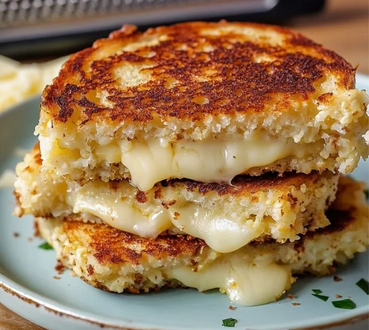 Delicious cauliflower grilled cheese sandwich with golden melted cheese