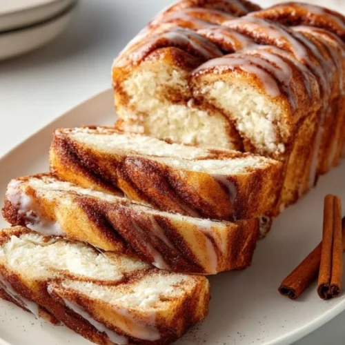 Cinnamon roll cottage cheese loaf sliced and served on a plate