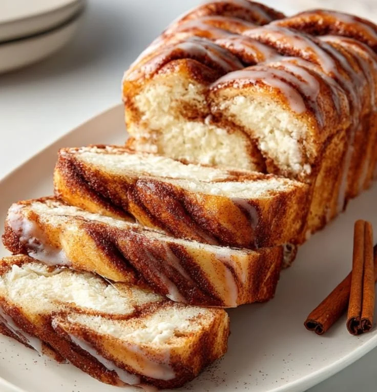 Cinnamon roll cottage cheese loaf sliced and served on a plate
