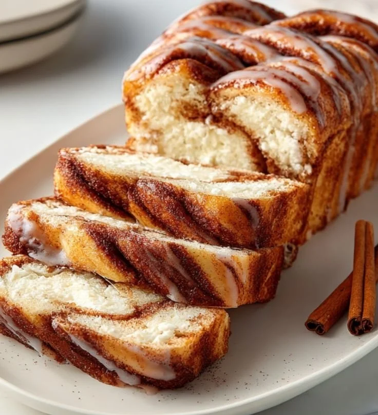 Deliciously fluffy cinnamon roll cottage cheese loaf sliced and served on a plate