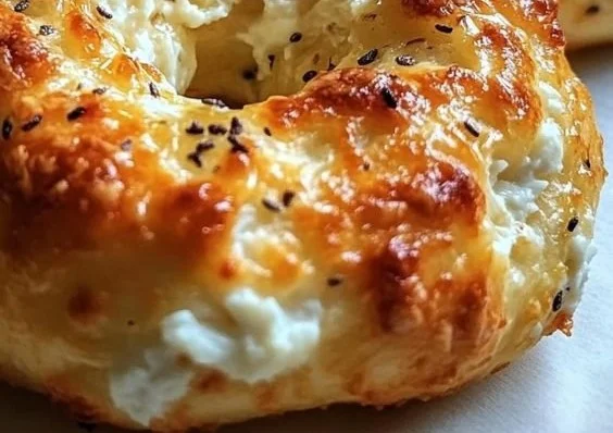 Freshly baked cottage cheese bagels stacked on a wooden board