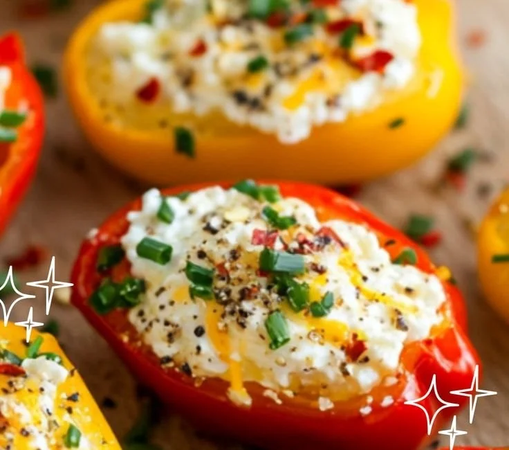 Colorful mini peppers stuffed with cottage cheese and herbs for a healthy snack