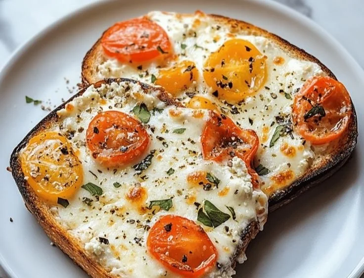 Air fryer cottage cheese pizza toast topped with fresh ingredients