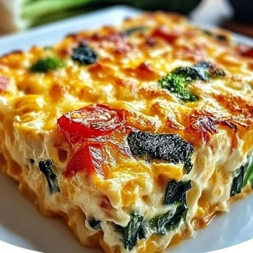 Delicious cottage cheese and veggie bake fresh from the oven, served in a dish.
