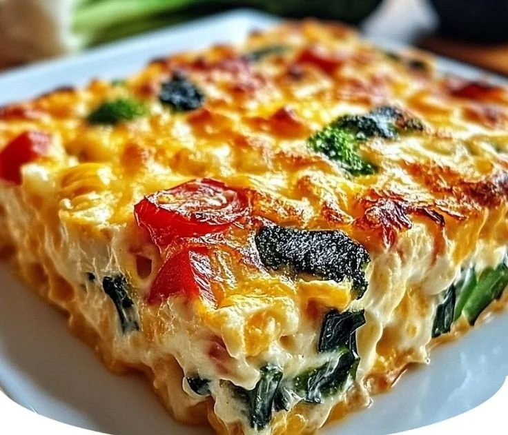 Delicious cottage cheese and veggie bake fresh from the oven, served in a dish.