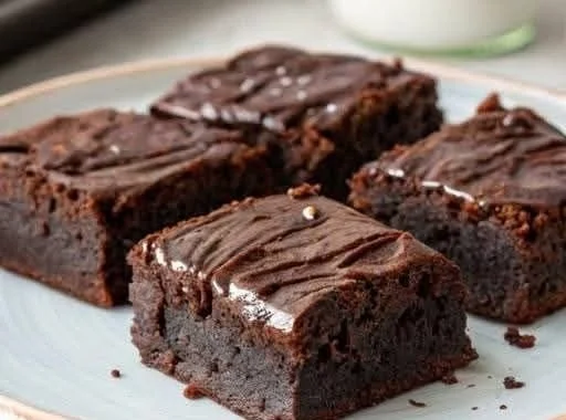 Flourless Greek yogurt brownies served on a white plate with a chocolate drizzle.