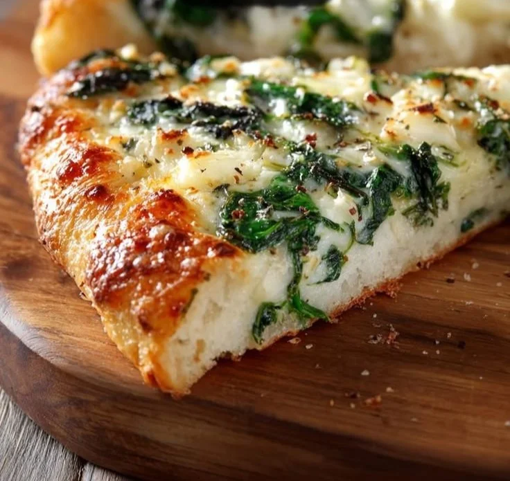 Garlic and spinach white pizza on cottage cheese crust, a healthy pizza option