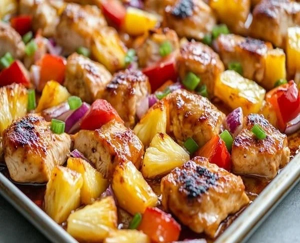 Hawaiian Chicken Sheet Pan with colorful veggies and juicy chicken on the tray