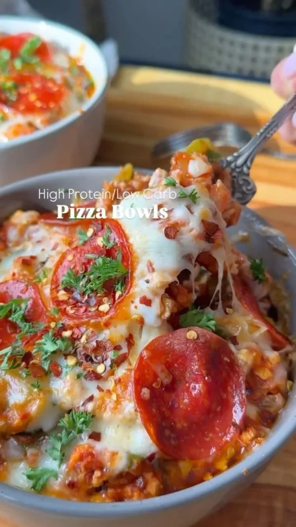 Delicious high protein low carb pizza bowls with fresh ingredients