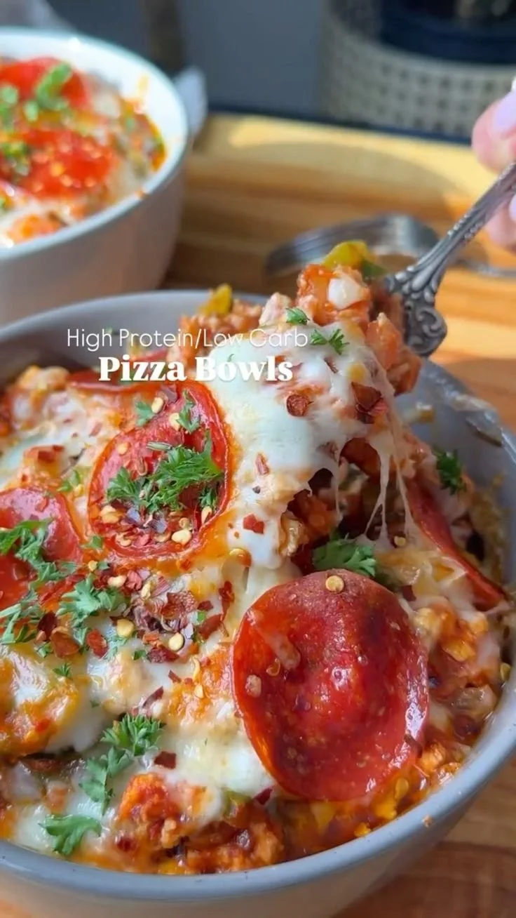 Delicious high protein low carb pizza bowls with fresh ingredients