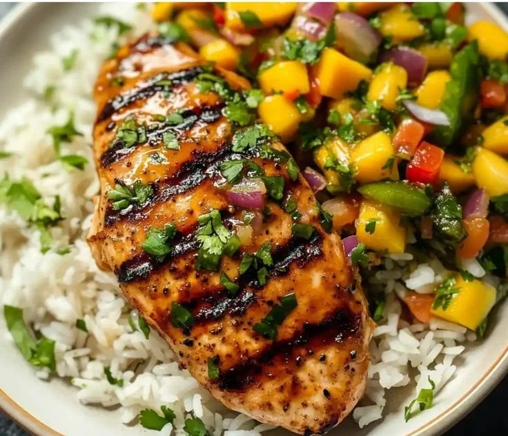 Delicious Honey Lime Chicken garnished with fresh Mango Salsa