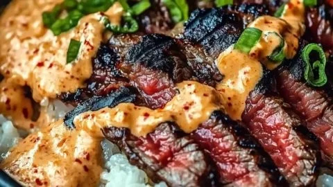Delicious Korean BBQ steak rice bowl with spicy cream sauce.