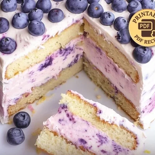 Delicious Lemon Blueberry Cheesecake Cake topped with fresh blueberries.