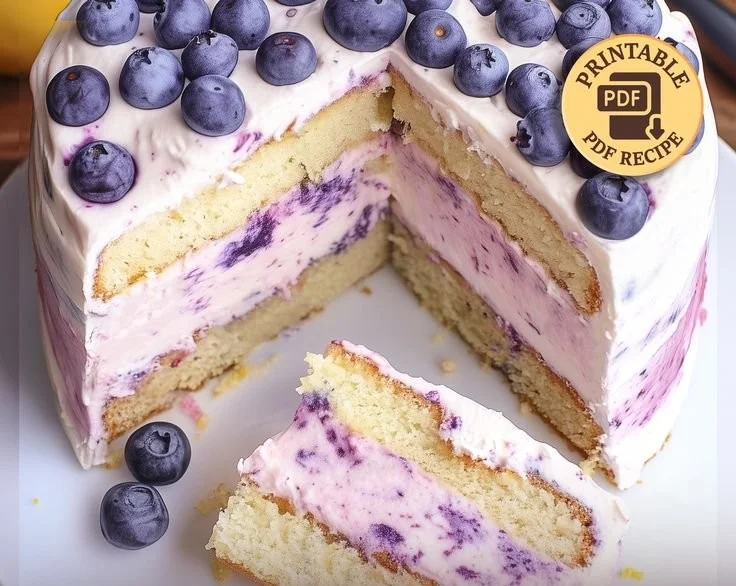 Delicious Lemon Blueberry Cheesecake Cake topped with fresh blueberries.