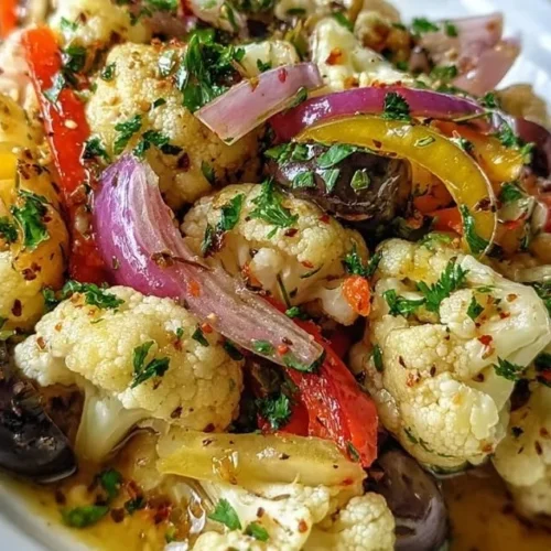 Colorful marinated cauliflower salad with herbs and vegetables