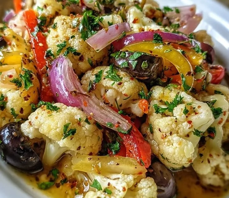 Colorful marinated cauliflower salad with herbs and vegetables