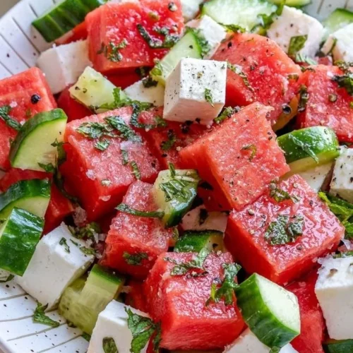 Simple watermelon cucumber salad with feta cheese in a bowl
