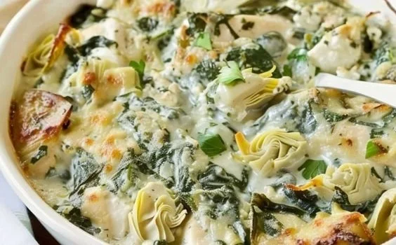 Delicious Spinach Artichoke Chicken topped with cottage cheese on a plate.