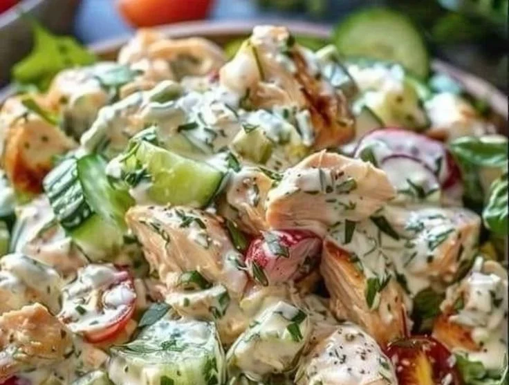 Tzatziki Chicken Salad with fresh vegetables and creamy dressing