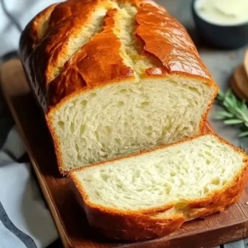 Sliced zero carb yogurt bread with fresh herbs and ingredients on a kitchen counter.
