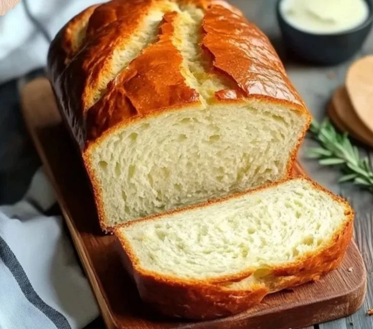 Sliced zero carb yogurt bread with fresh herbs and ingredients on a kitchen counter.