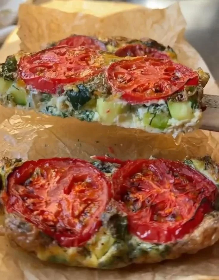 Zucchini and Tomato Frittata 1 Zucchini and tomato frittata served on a plate, showcasing a colorful dish.