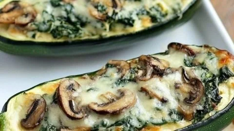 Zucchini boats filled with spinach, mushroom, and ricotta cheese mixture